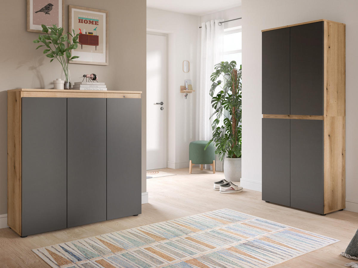 MEHRZWECKSCHRANK grau, Evoke Eiche 70 x 175 cm, Stauraumschrank 4-türig mit 9 Fächern - Eichefarben/Schwarz, Holzwerkstoff/Kunststoff (70/175/37cm) - Inn.Furn