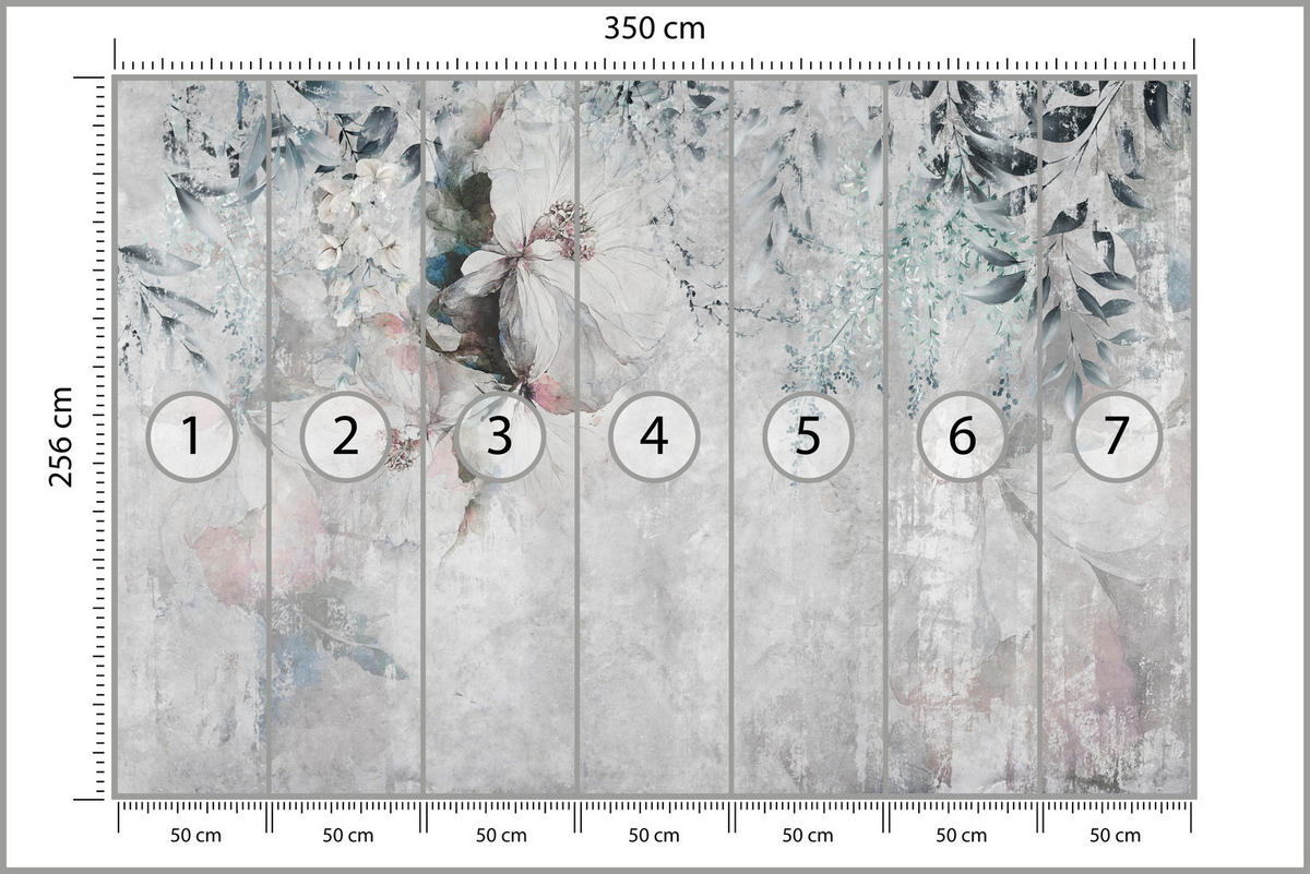 FOTOTAPETE für Schlafzimmer Zarte Blätter Beton Blumen Natur 350x256 - Schwarz/Rosa, Papier (350/256cm) - Muralo