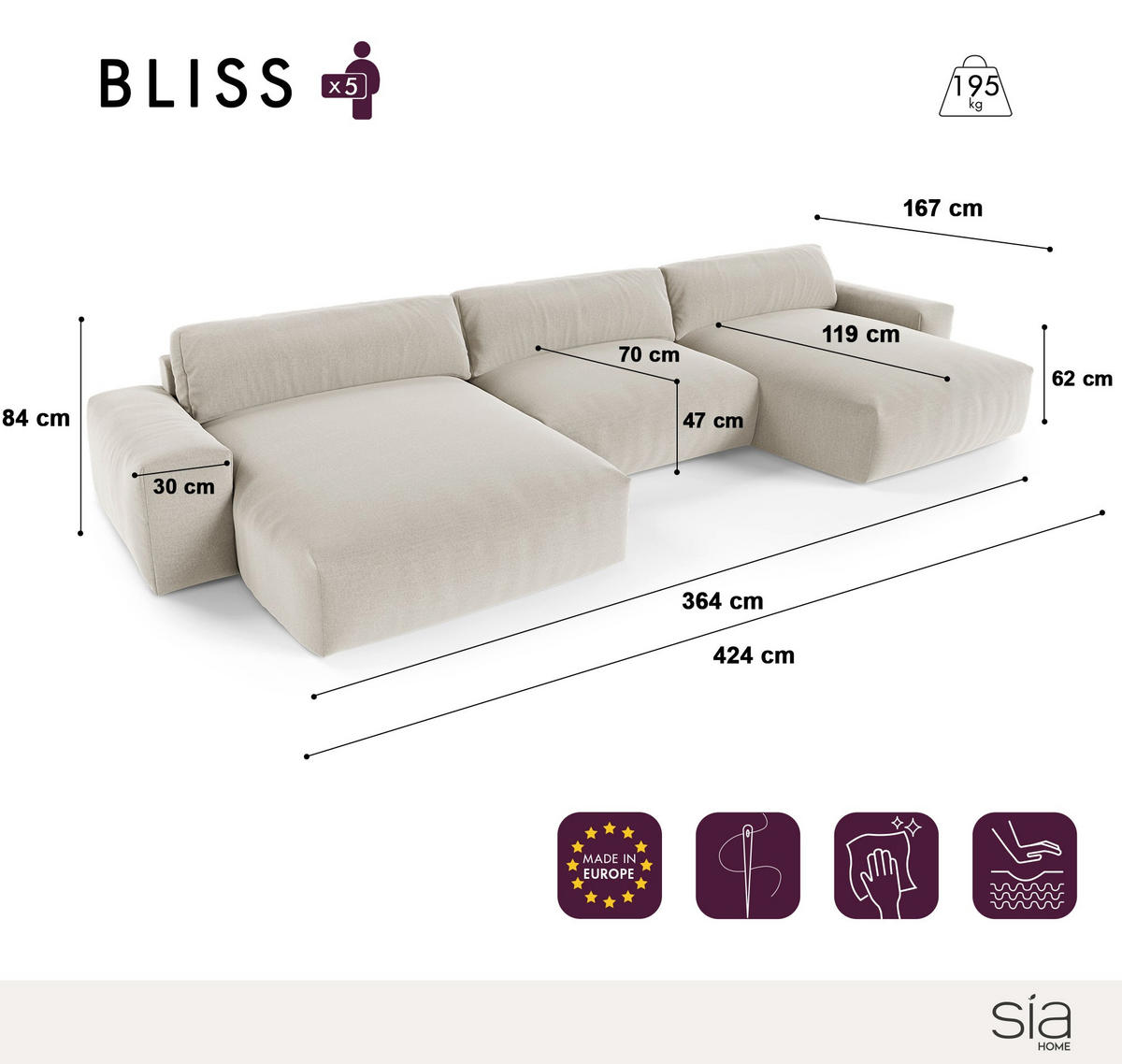 WOHNLANDSCHAFT Gerippter Samt Creme 420cm - Creme, Textil (420/75/174cm) - Sia Home