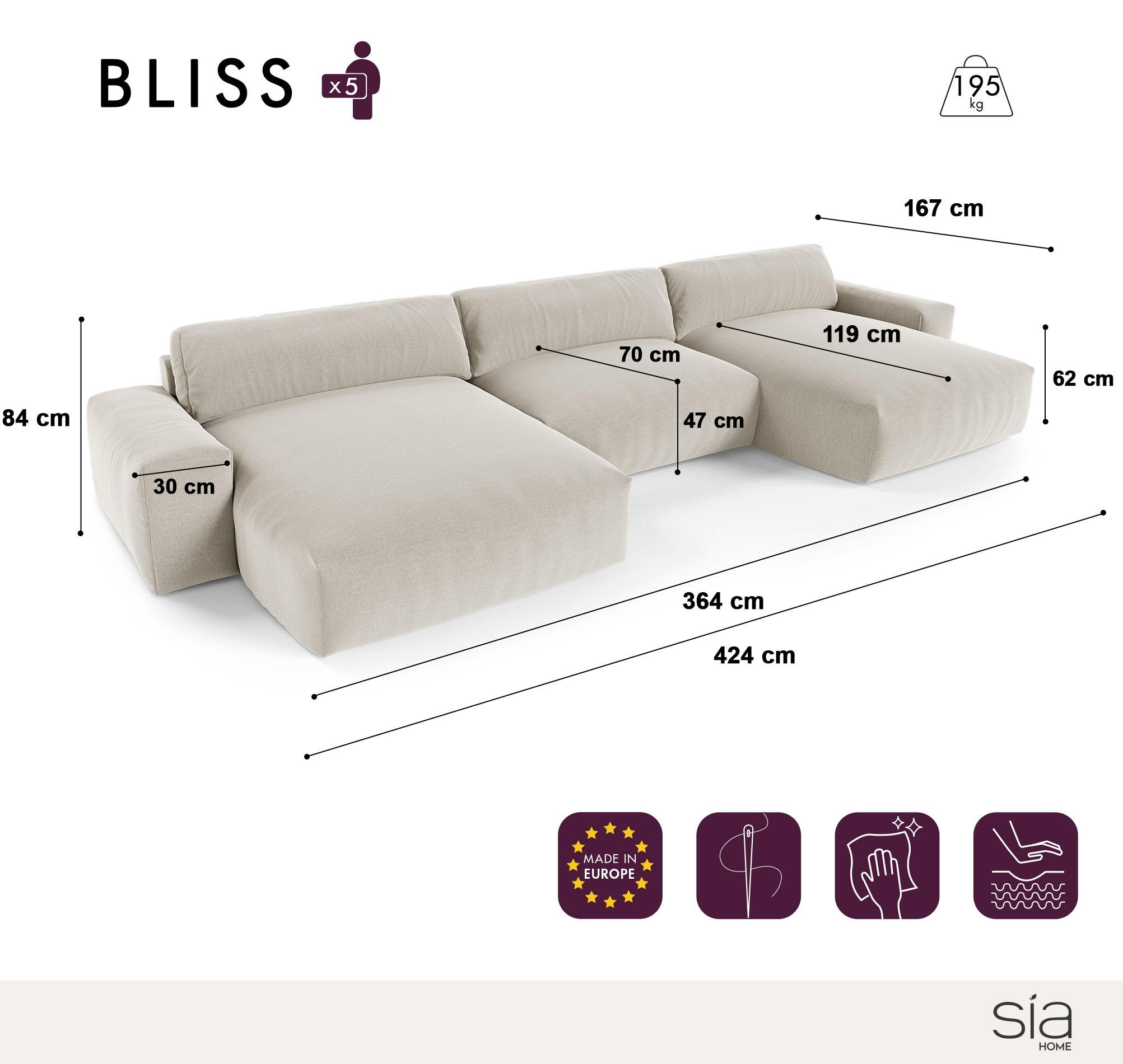 Thumbnail - Sia Home Wohnlandschaft, Creme, Textil, 5-Sitzer, U-Form,Rechteckig, 420x75x174 cm, Wohnzimmer, Sofas & Couches, Wohnlan...