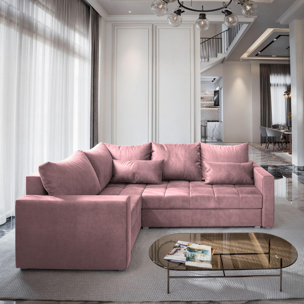 ECKSOFA LIRENO L-S Rosa Plüsch-Stoff mit Schlaffunktion - Rosa, Holz (220/153cm) - MASSENO