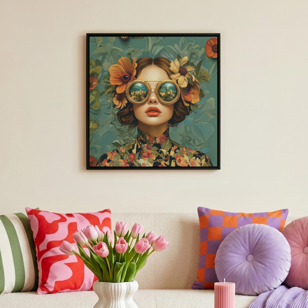LEINWAND Bilder mit Rahmen - Frau - Blumen - Schmetterlinge - Natur - Vintage - 50x50 - Salbeigrün, Textil (50/50cm) - MuchoWow