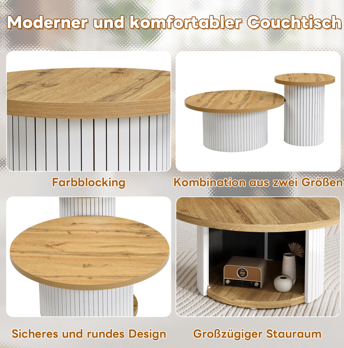 COUCHTISCH-SET 75/75/50 cm und 45/45/35 cm mit Stauraum, flexiblem Beistelltisch und MDF, Natur - Naturfarben, Holzwerkstoff (75/75/35cm) - Modfu