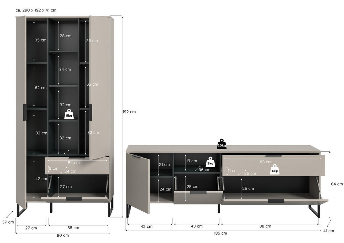 WOHNWAND kaschmir, schwarz 290 cm, Wohnkombination mit Soft-Close - Kaschmir/Schwarz, Holzwerkstoff/Kunststoff (290/192/41cm) - Inn.Furn