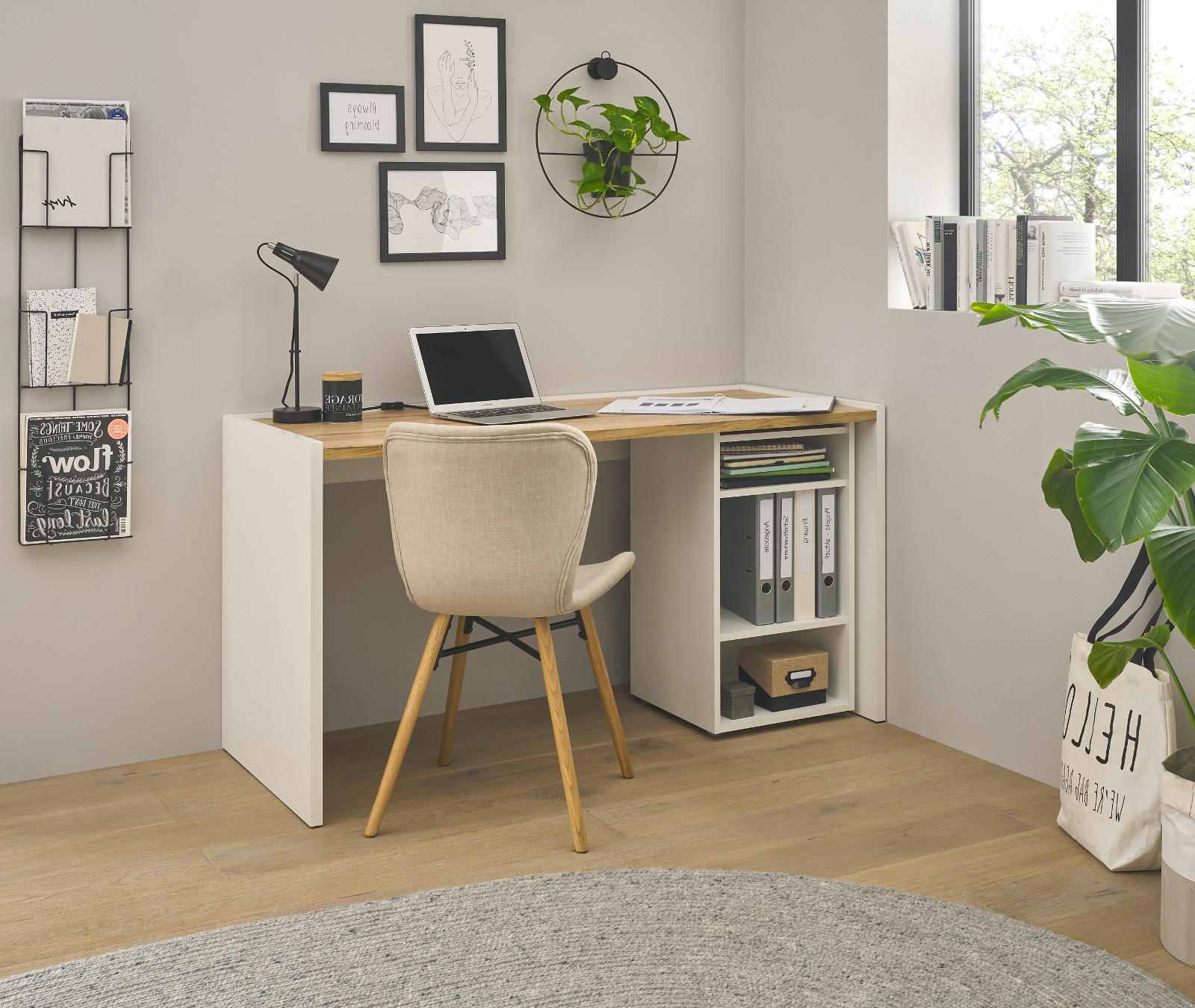 SCHREIBTISCHKOMBINATION 2-teilig weiß matt, Eiche Wotan 143 cm, Büromöbel Set mit Bürocontainer - Silberfarben/Eiche Wotan, Holzwerkstoff/Kunststoff (62/143/76cm) - Furn.Design