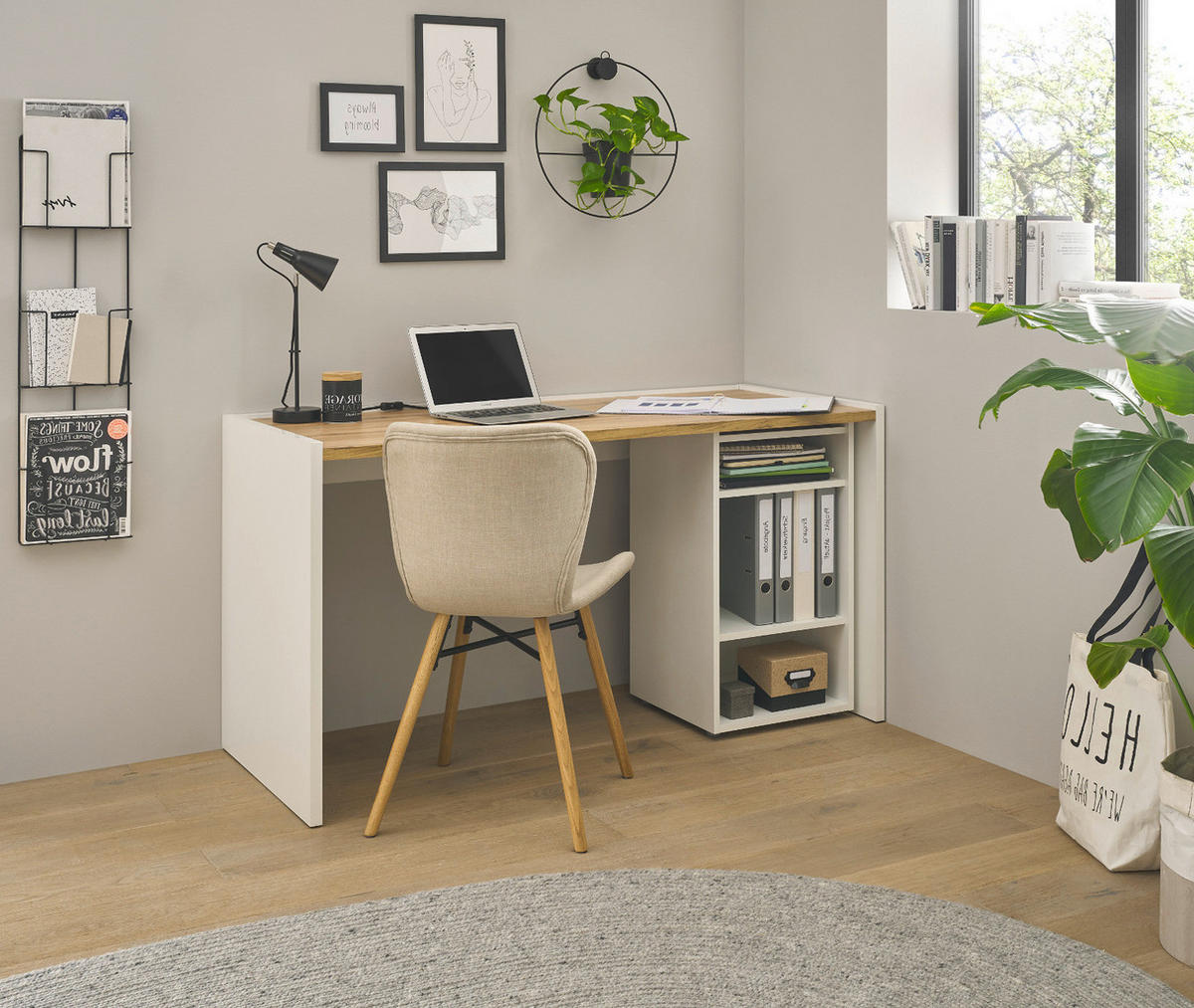 SCHREIBTISCHKOMBINATION 2-teilig weiß matt, Eiche Wotan 143 cm, Büromöbel Set mit Bürocontainer - Silberfarben/Eiche Wotan, Holzwerkstoff/Kunststoff (62/143/76cm) - Furn.Design
