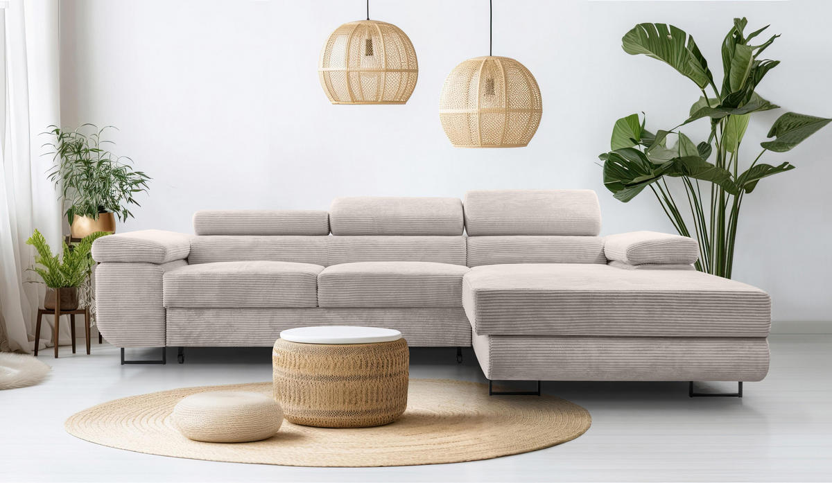 ECKSOFA L Form Arborio Zartweiß 280/203/90 cm Rechts mit Schlaffunktion - Creme/Schwarz, Textil/Metall (280/203cm) - AX Living