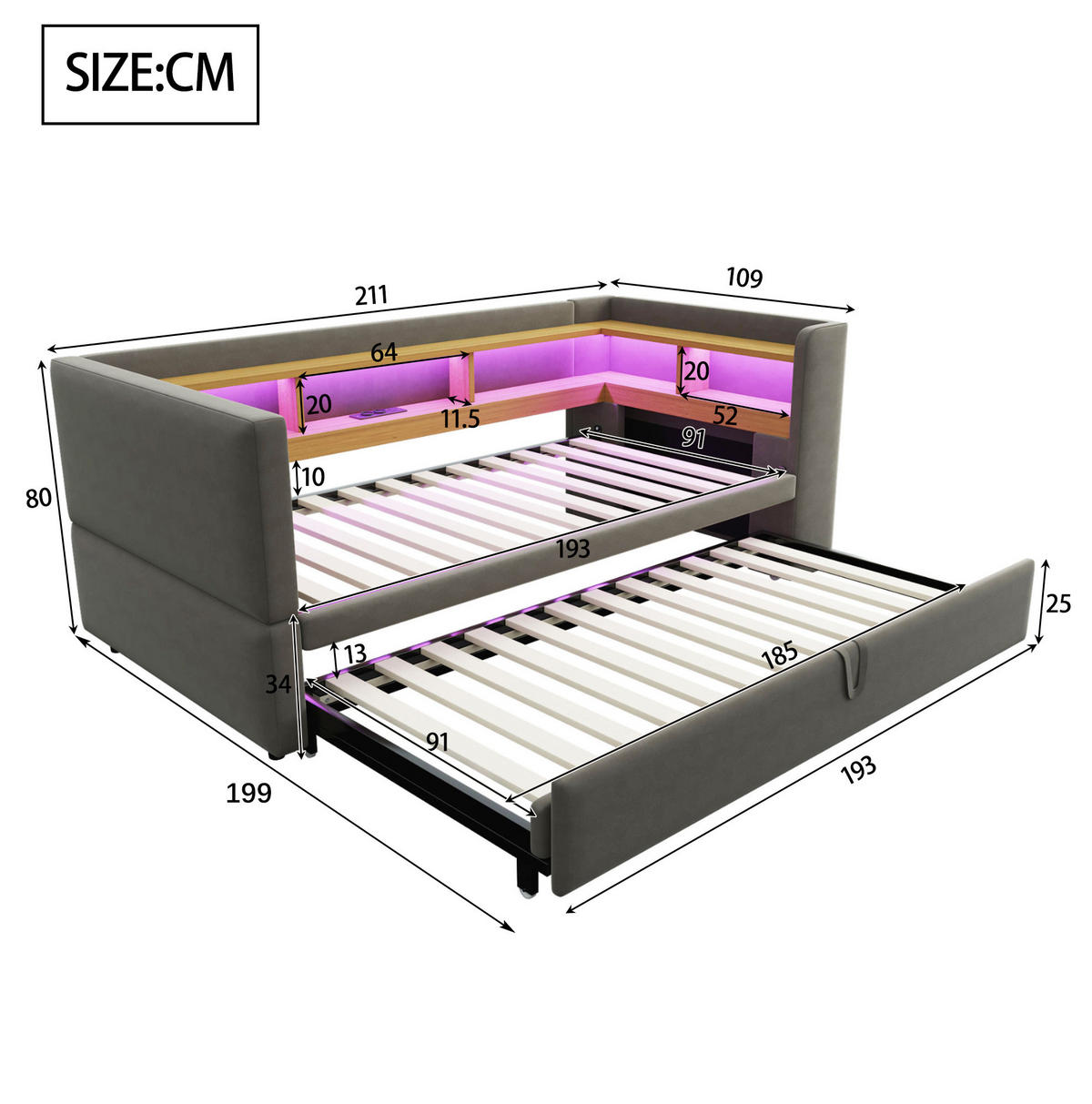 SCHLAFSOFA aus Flanell 90/180x190 cm Dunkelgrau mit LED-Beleuchtung, Steckdosen und Ablagefächern - Dunkelgrau, Textil (90/190cm) - IVMEU