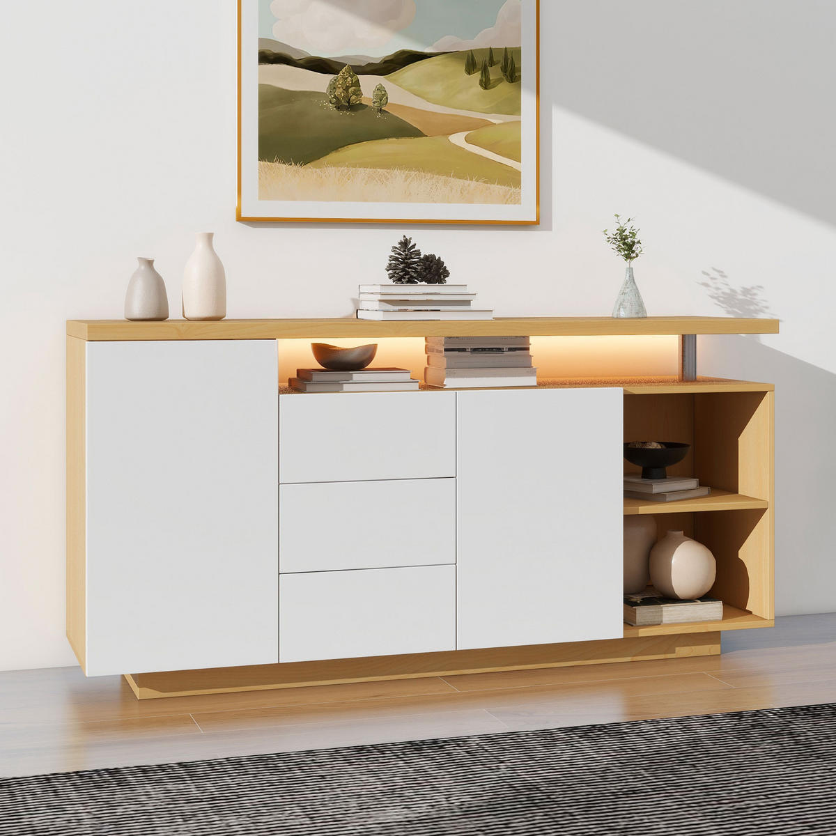 SIDEBOARD 140/40/70 cm in Weiß und Eiche aus Spanplatte mit LED-Beleuchtung - Weiß/Naturfarben, Holzwerkstoff (140/70/40cm) - CHICFURN