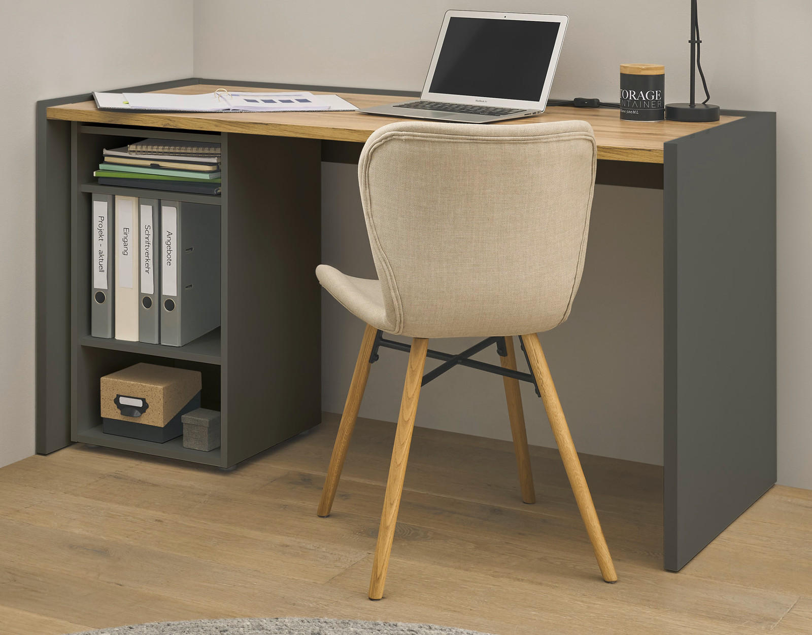 SCHREIBTISCHKOMBINATION 2-teilig grau matt, Eiche Wotan 143 cm, Büromöbel Set mit Bürocontainer - Eiche Wotan/Schwarz, Holzwerkstoff/Kunststoff (62/143/76cm) - Furn.Design