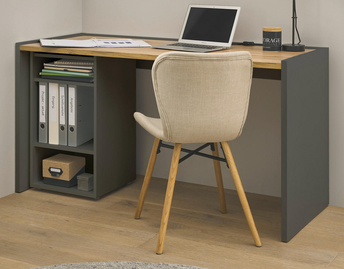 SCHREIBTISCHKOMBINATION 2-teilig grau matt, Eiche Wotan 143 cm, Büromöbel Set mit Bürocontainer - Eiche Wotan/Schwarz, Holzwerkstoff/Kunststoff (62/143/76cm) - Furn.Design