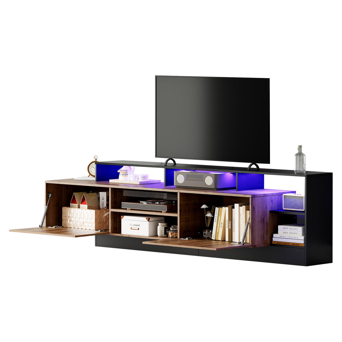 TV-LOWBOARD 190/40/48,5 cm mit LED-Beleuchtung, offenem und geschlossenem Stauraum aus Spanplatte, Schwarz/Eichefarben - Schwarz, Holzwerkstoff (190/48.5/40cm) - Redom