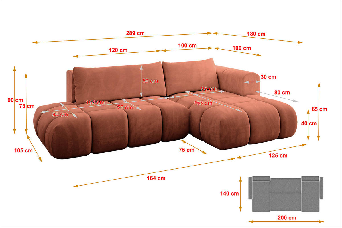 ECKSOFA Ottomane Rechts CLOUD-L 289x180x40 Apricot Velours - Koralle, Holzwerkstoff/Kunststoff (289/180cm) - ALTDECOR