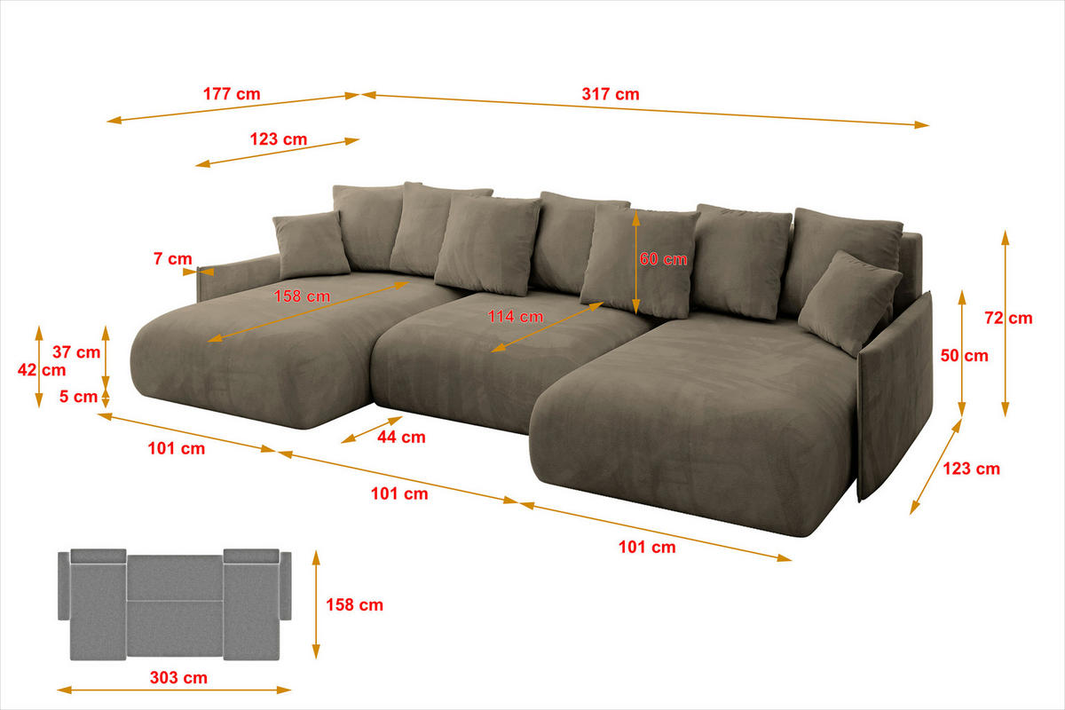 WOHNLANDSCHAFT mit Schlaffunktion und Bettkasten ONESK-U-v1 317x177x72 Braun Velours - Braun, Holzwerkstoff/Kunststoff (317/72/177cm) - ALTDECOR