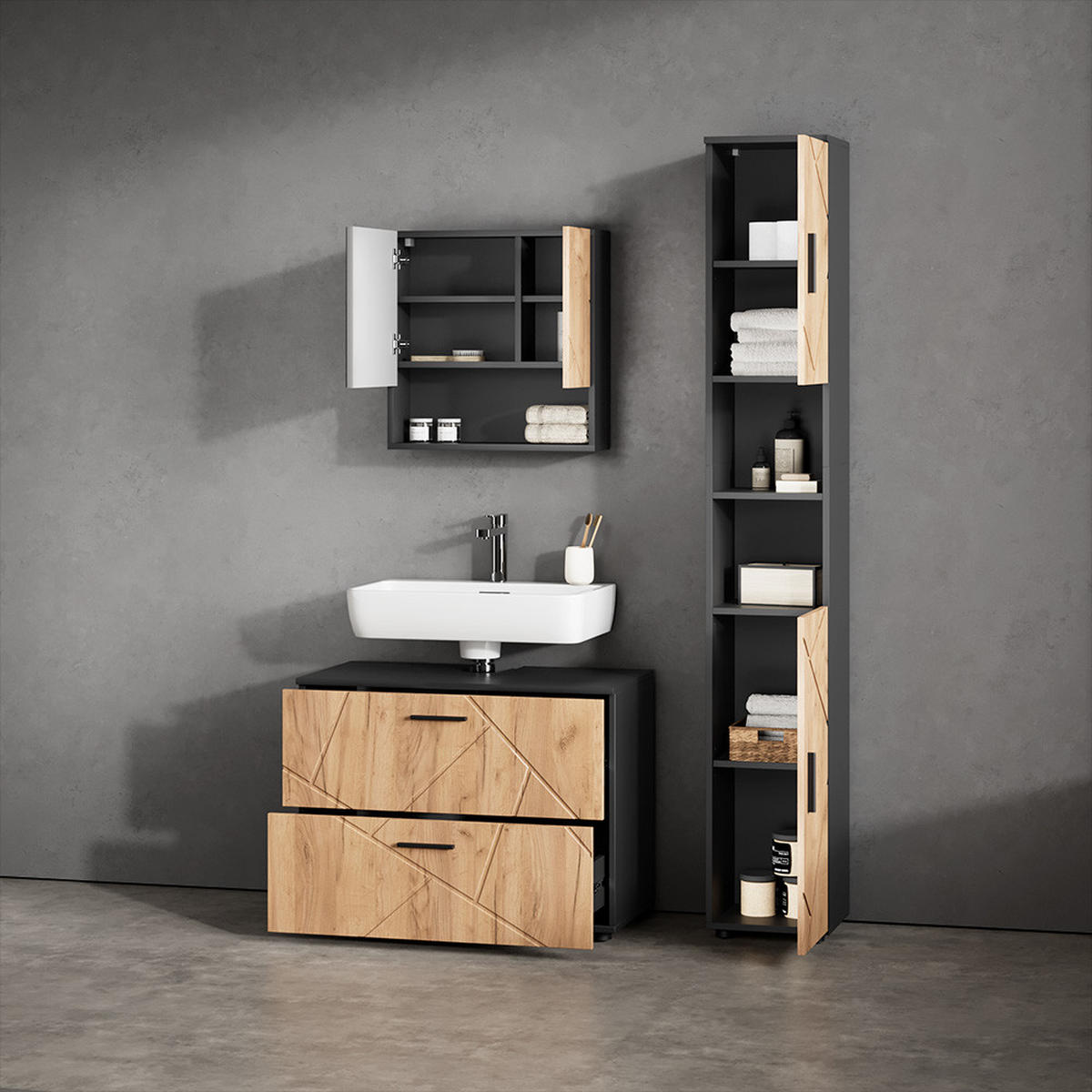BADMÖBEL-SET Ronco Goldkraft Eiche/Anthrazit 2 Teile - Anthrazit/Eiche Wotan, Holzwerkstoff (80/58/41cm) - Livinity®