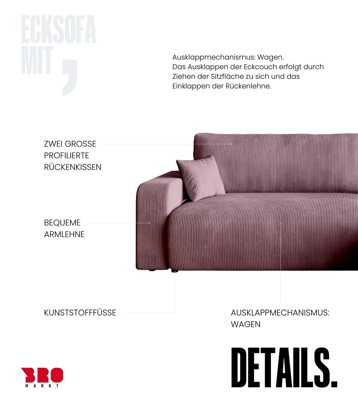 ECKSOFA PUMI XL mit Schlaffunktion Puderrosa Cord - Rosa, Textil (274/148cm) - Bromarkt