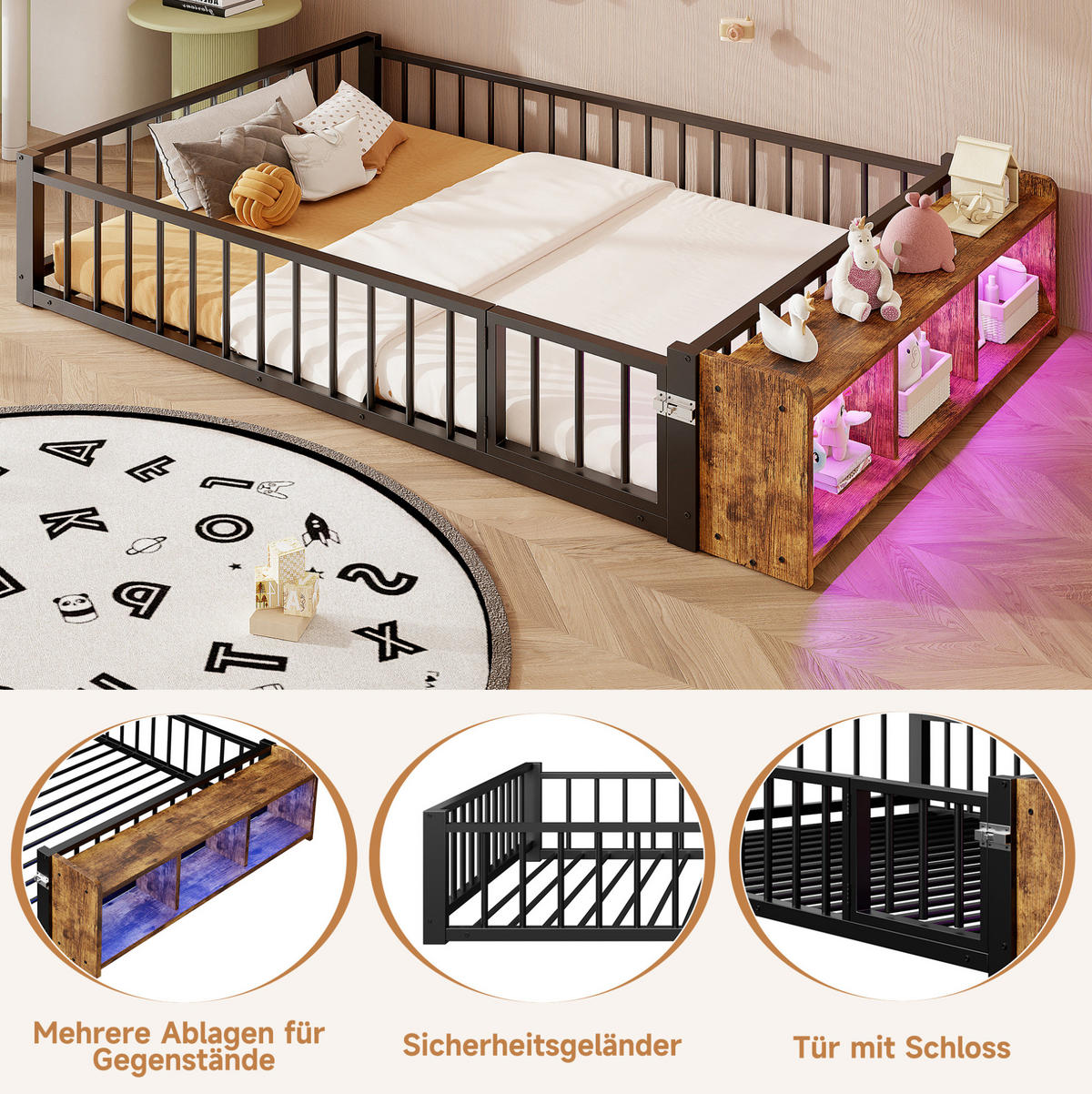 FLACHBETT 140/200 cm Schwarz mit Schutzgeländer, LED-Leisten, ohne Matratze - Schwarz, Metall (140/200cm) - MIVRAY