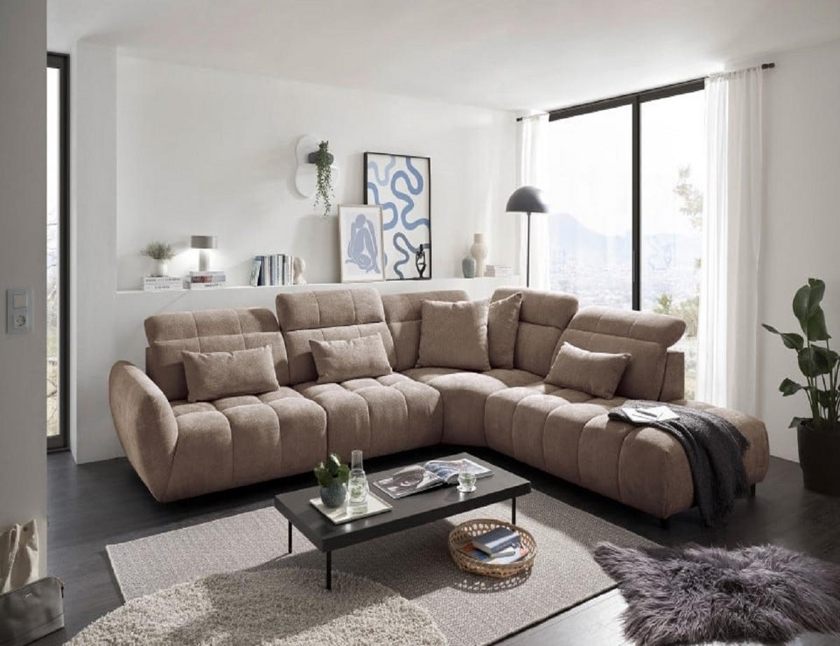 ECKSOFA mit verstellbaren Kopflehnen und Nosagfederung - Hellbraun, Textil (285/339cm) - ed exciting design