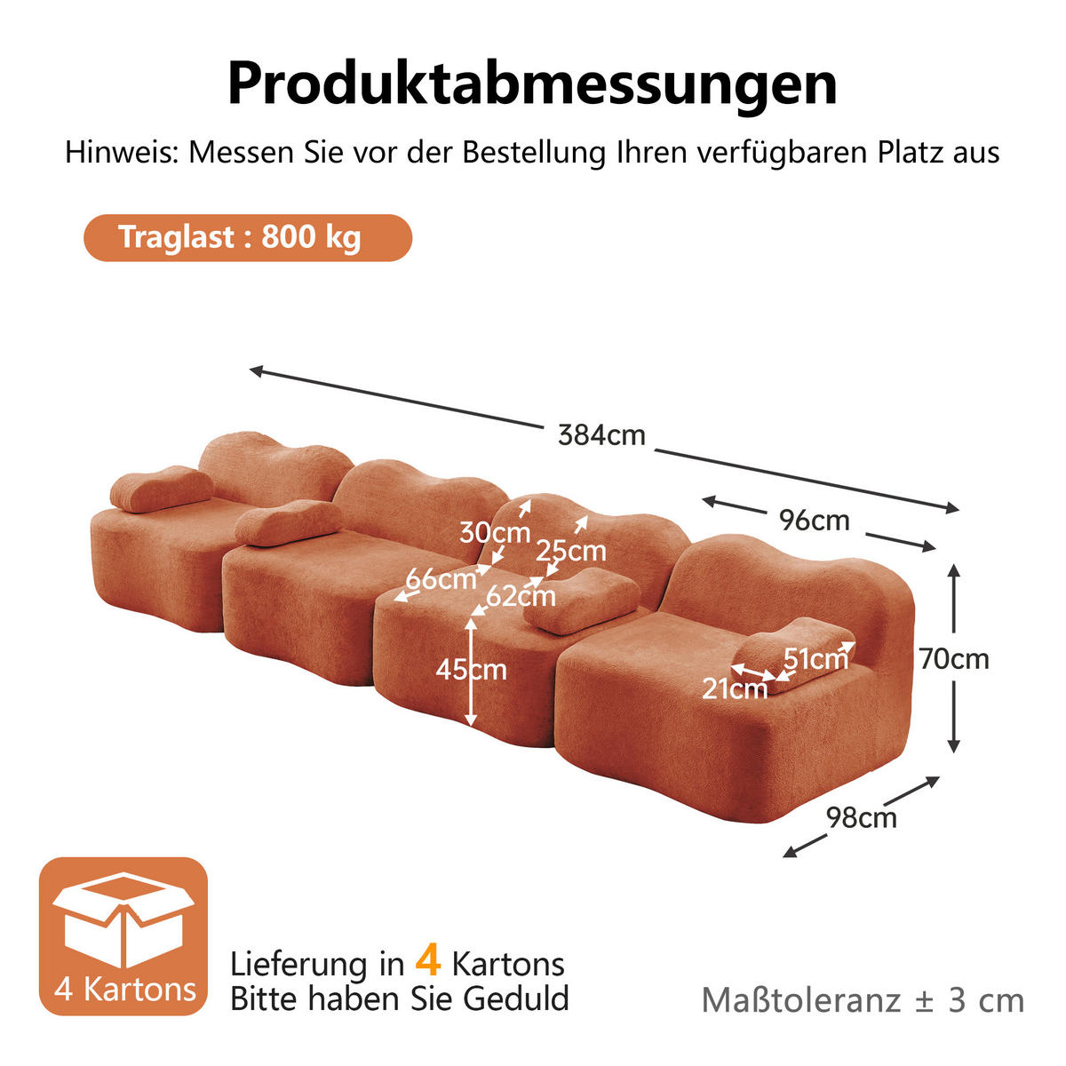 4-SITZER-SOFA DE-34348 Wellenform Orange - Orange, Textil (98/70/384cm) - ComfortXL