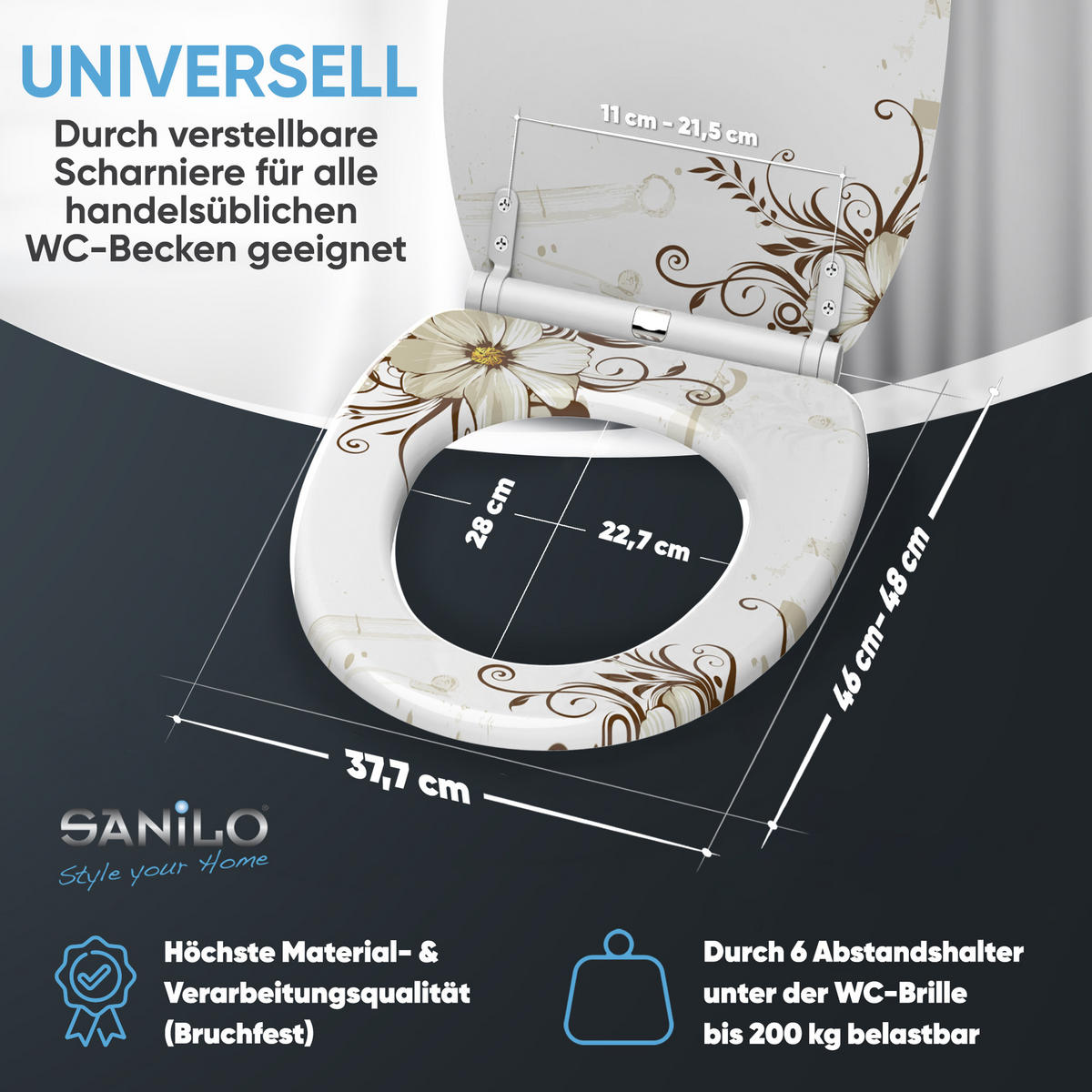 WC-SITZ mit Absenkautomatik & Top Fix Flower - Braun, Holzwerkstoff (37.7/5.5/48cm) - Sanilo