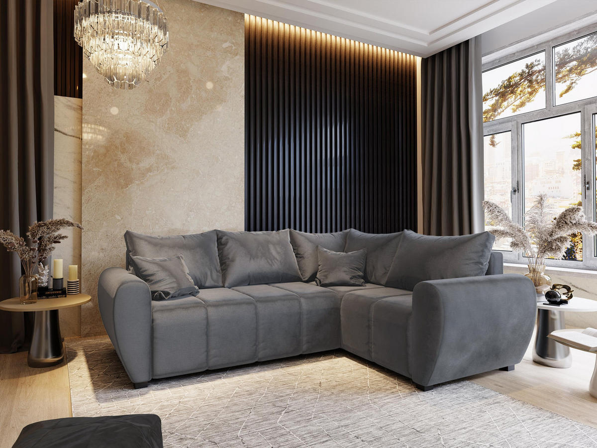 ECKSOFA MADISON L R-S Grau Plüsch-Stoff mit Schlaffunktion - Grau, Holz (235/175cm) - MASSENO