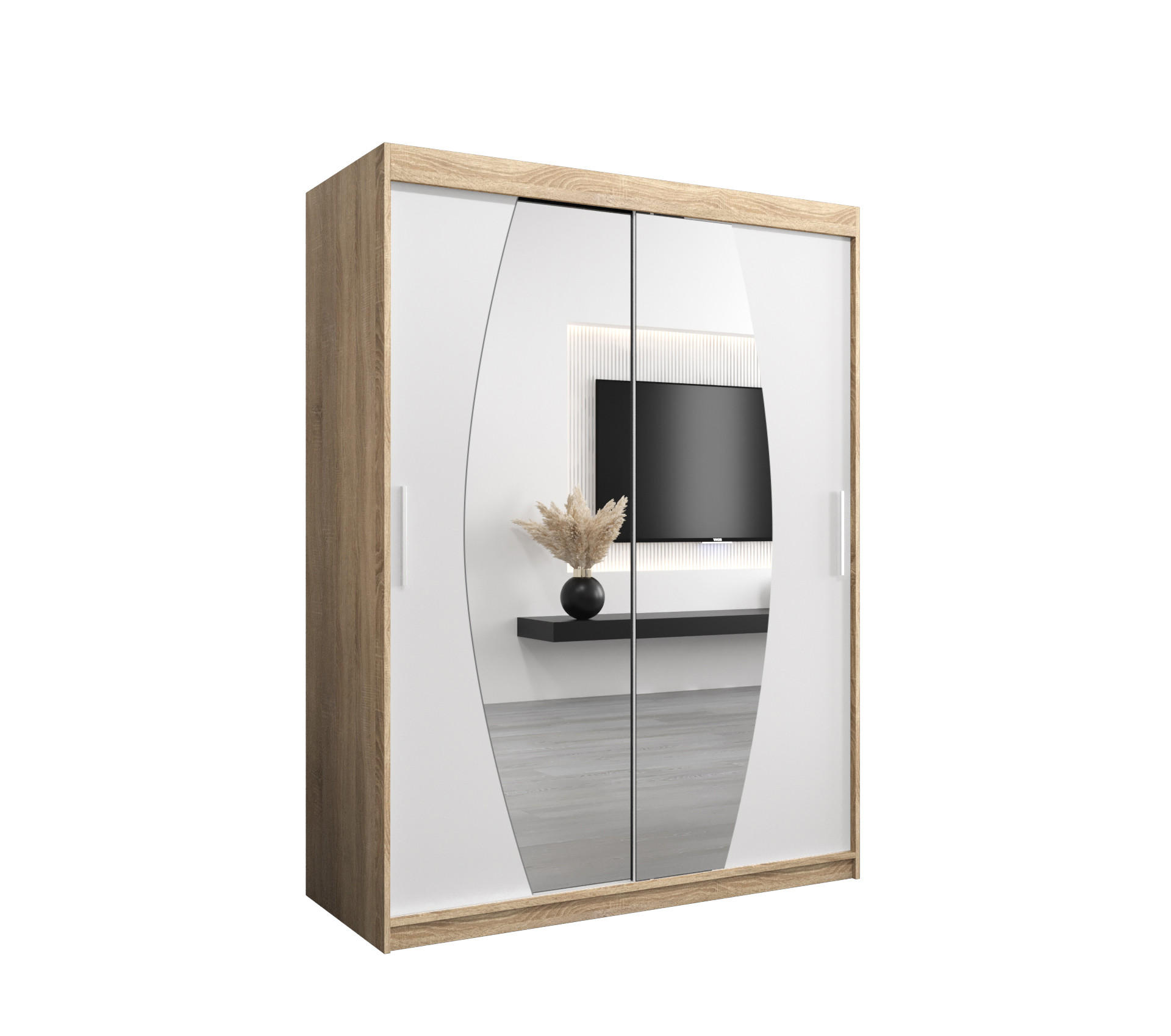 SCHWEBETÜRENSCHRANK 200/150/62 2-türig - Silberfarben/Weiß, Holz/Kunststoff (150/200/62cm) - Abiks Möbel