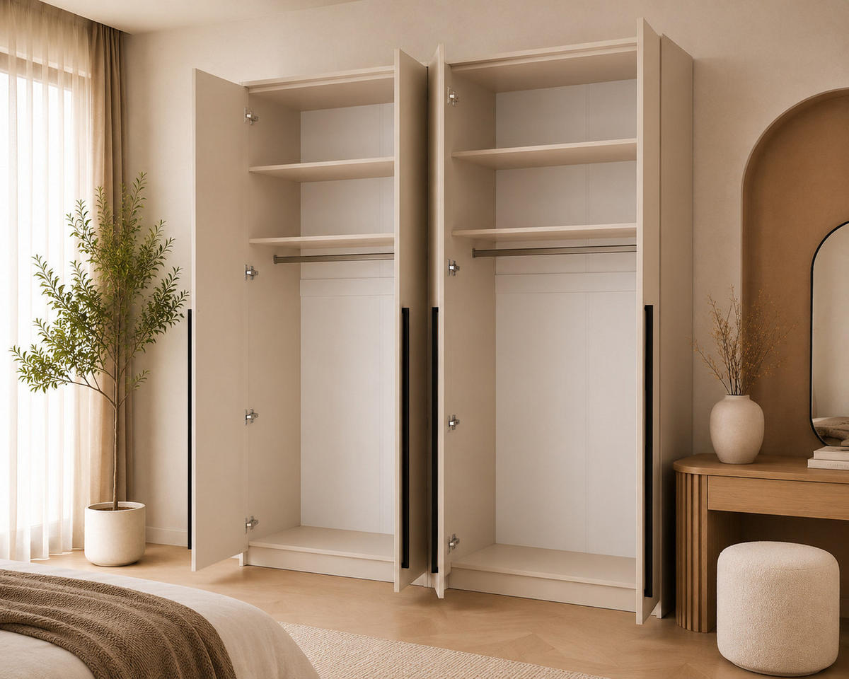 KLEIDERSCHRANK MIT SPIEGEL: Sandbeige / Griffe Silber, 205 x 65 x 217,2 cm - Sandfarben/Silberfarben, Holzwerkstoff (205/217.2/65cm) - 3XE LIVING