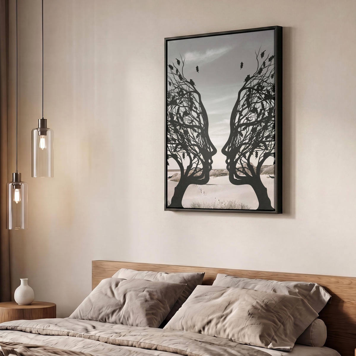 LEINWAND Bilder mit Rahmen - Strand - Meer - Menschen - Baum - Moderne Kunst - 60x80 - Hellgrau, Textil (60/80cm) - MuchoWow
