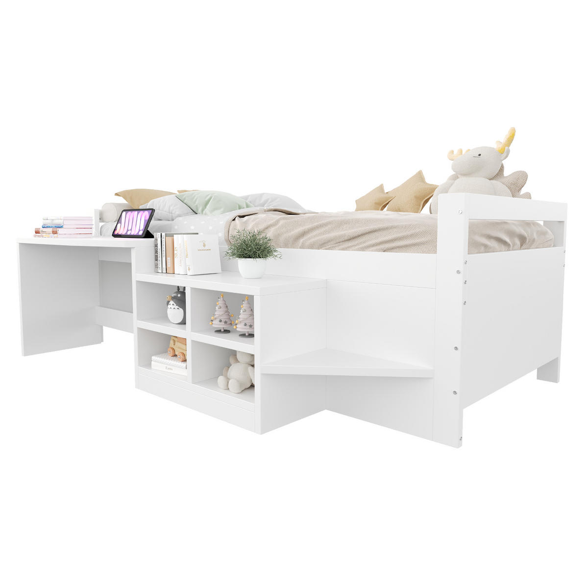 EINZELBETT 90/200 cm mit Staufächern und Schreibtisch in Weiß - Weiß, Holz (90/200cm) - OKWISH