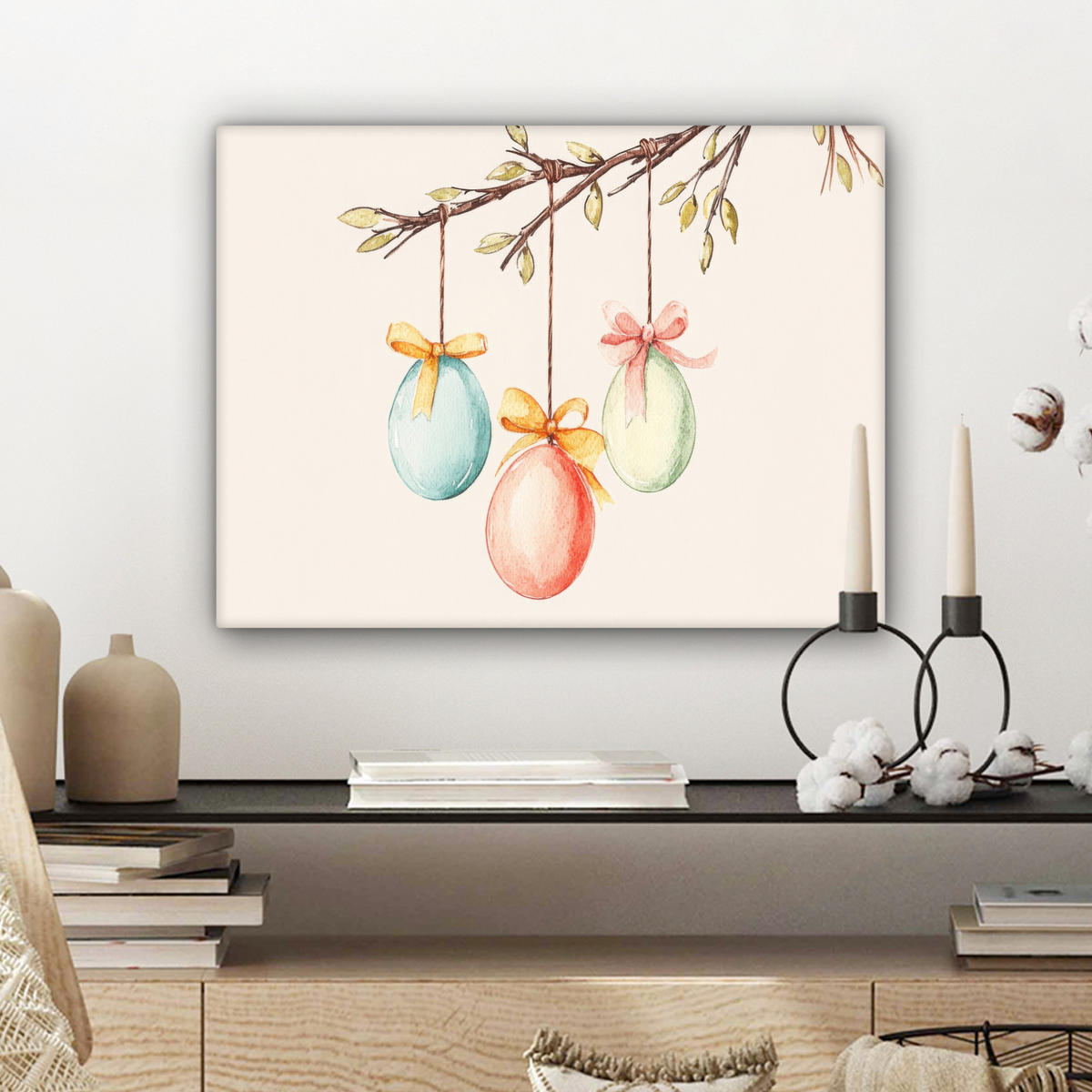 LEINWANDBILD Osterkuchen - Schleife - Eier Wandbild 40x30 cm - Creme, Textil (40/30cm) - MuchoWow