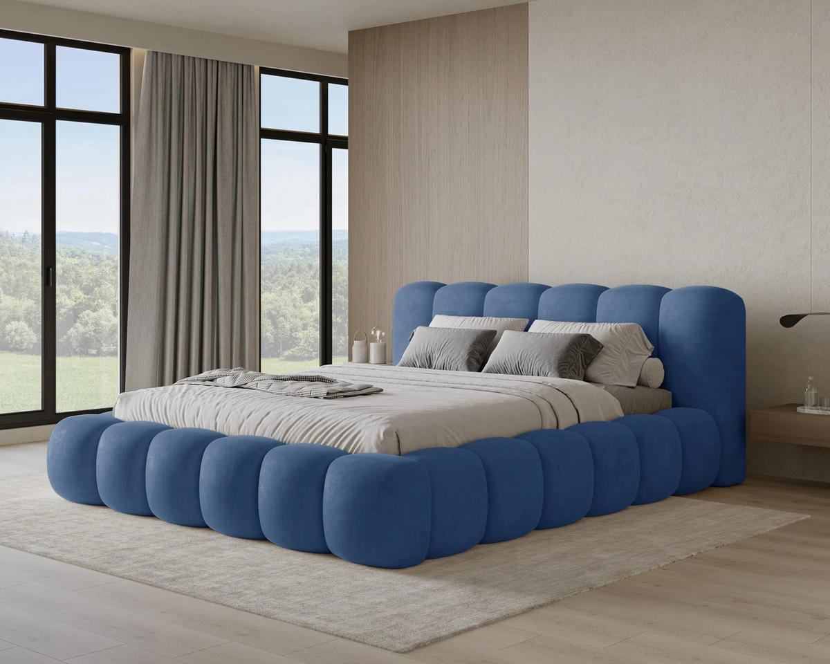 POLSTERBETT Stone 180x200 cm mit Bettkasten, Lattenrost und Kopfteil - Holzrahmen, Samt Blau - Blau, Holz (180/200cm) - Chilly