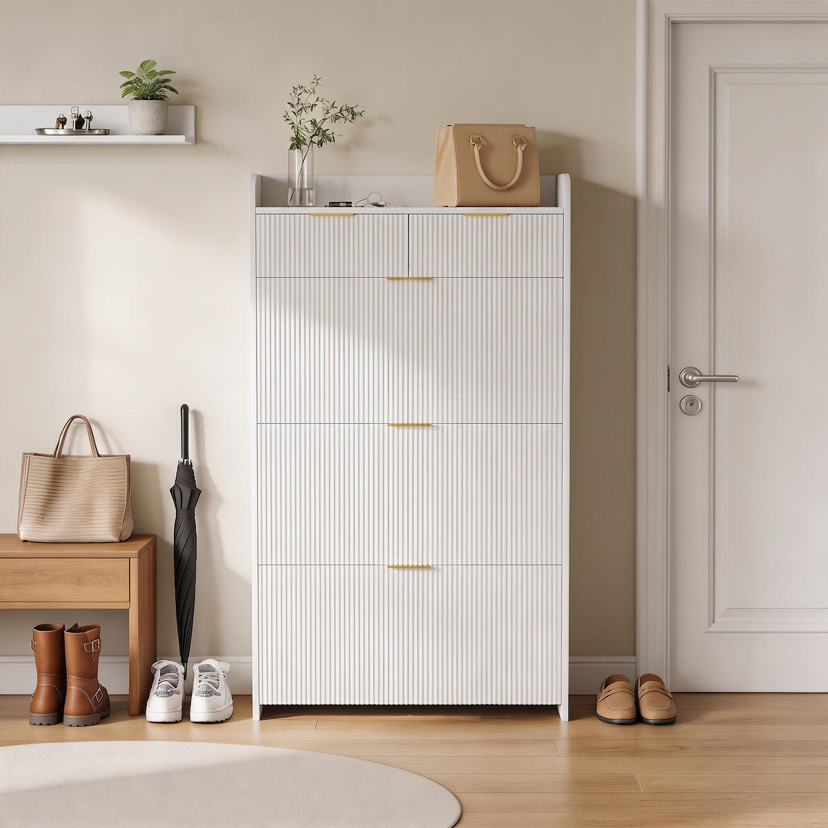 SCHUHSCHRANK mit 3 Fächern und 2 Schubladen, Eingangsmöbel, Weiß - Weiß, Holz (24/133/77cm) - GENKI LIVING