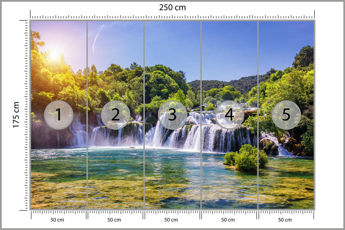 FOTOTAPETE Wasserfälle Wald Landschaft 3D 250x175 - Türkis/Blau, Papier (250/175cm) - Muralo