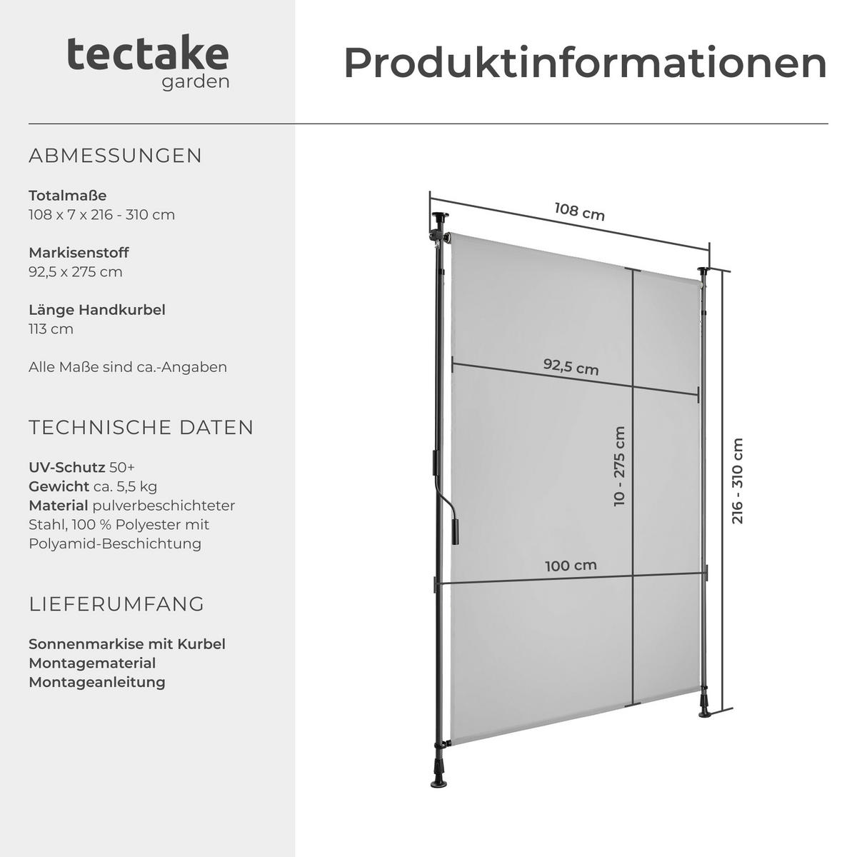 KLEMMMARKISE Taija,leichtgängige Handkurbel,hellgrau - Hellgrau, Kunststoff (108/310cm) - tectake