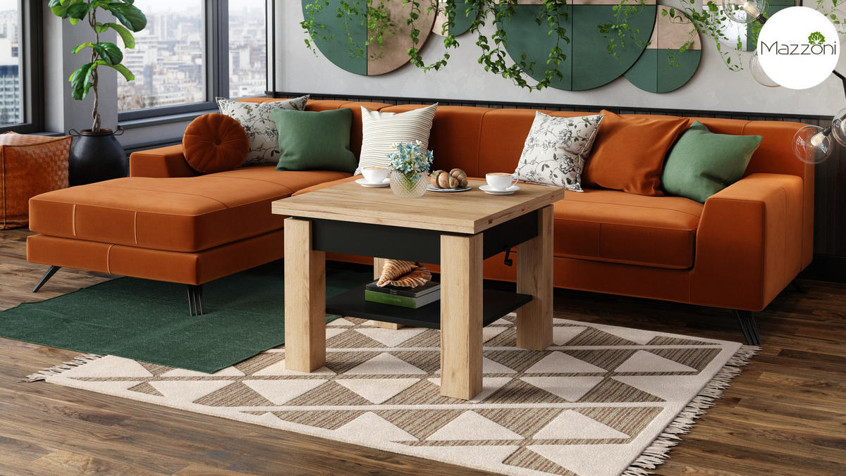 COUCHTISCH quadratisch aufklappbar höhenverstellbar 70/75/69 cm - Eichefarben/Schwarz, Holzwerkstoff (75/70/57cm) - designimpex