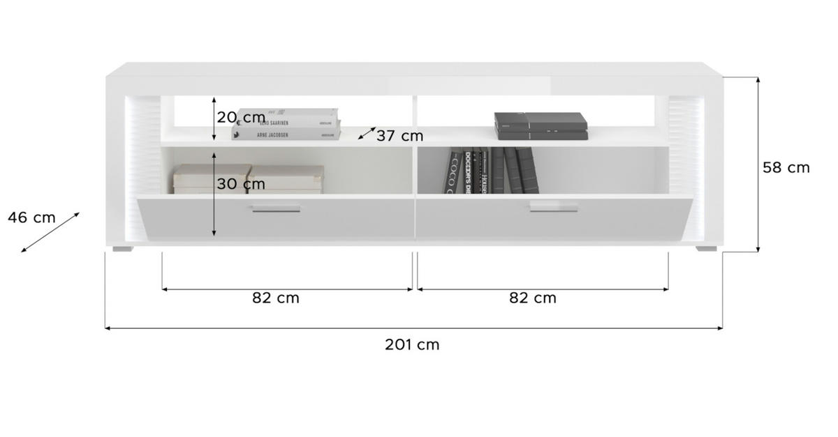 TV-LOWBOARD weiß Hochglanz, Flat-TV Board 200 cm, inkl. Beleuchtung - Weiß Hochglanz/Silberfarben, Holzwerkstoff/Kunststoff (204/58/46cm) - Inn.Furn