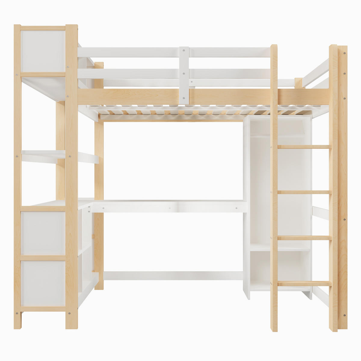 HOCHBETT mit Schreibtisch und Kleiderschrank 140x200 cm Weiß/Natur - Braun, Holz (140/200cm) - Meubliv