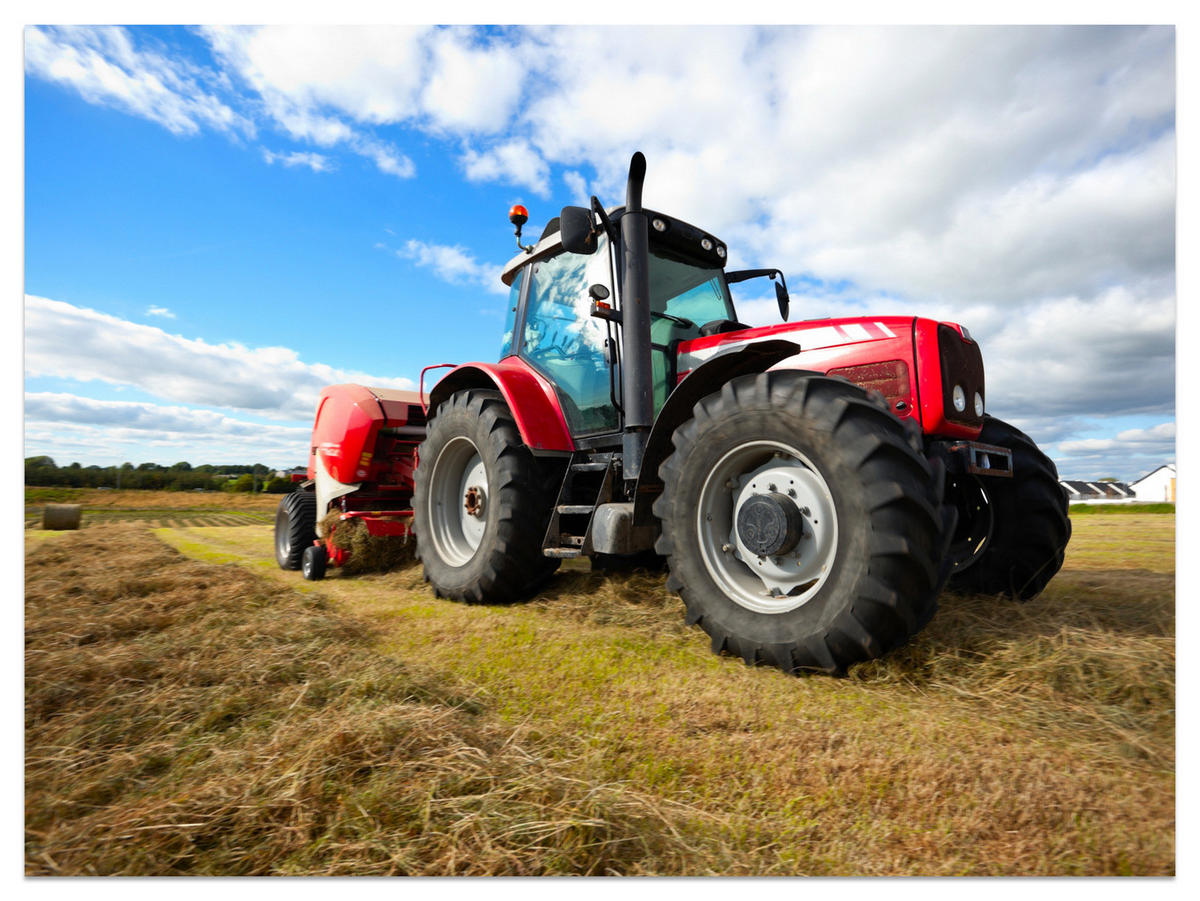 FOTOTAPETA Červený Traktor Pole Žatva Poľnohospodárstvo Rustikálna 300 x 210 cm - hnedá/žltá, papier (300/210cm) - Muralo