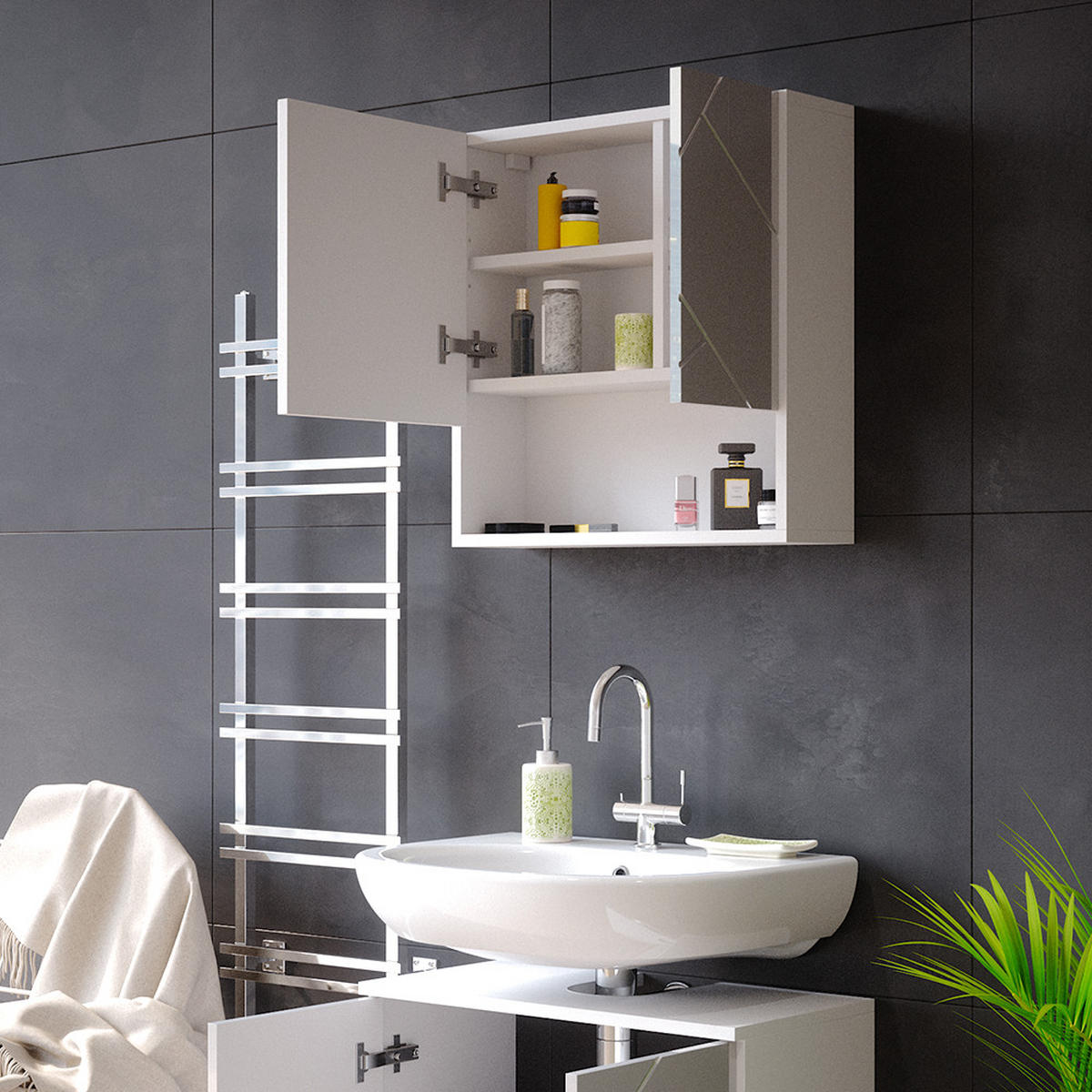 BADSPIEGELSCHRANK Irma Weiß 54 x 55 cm - Weiß Hochglanz/Weiß, Holzwerkstoff (54/55/16.9cm) - Vicco