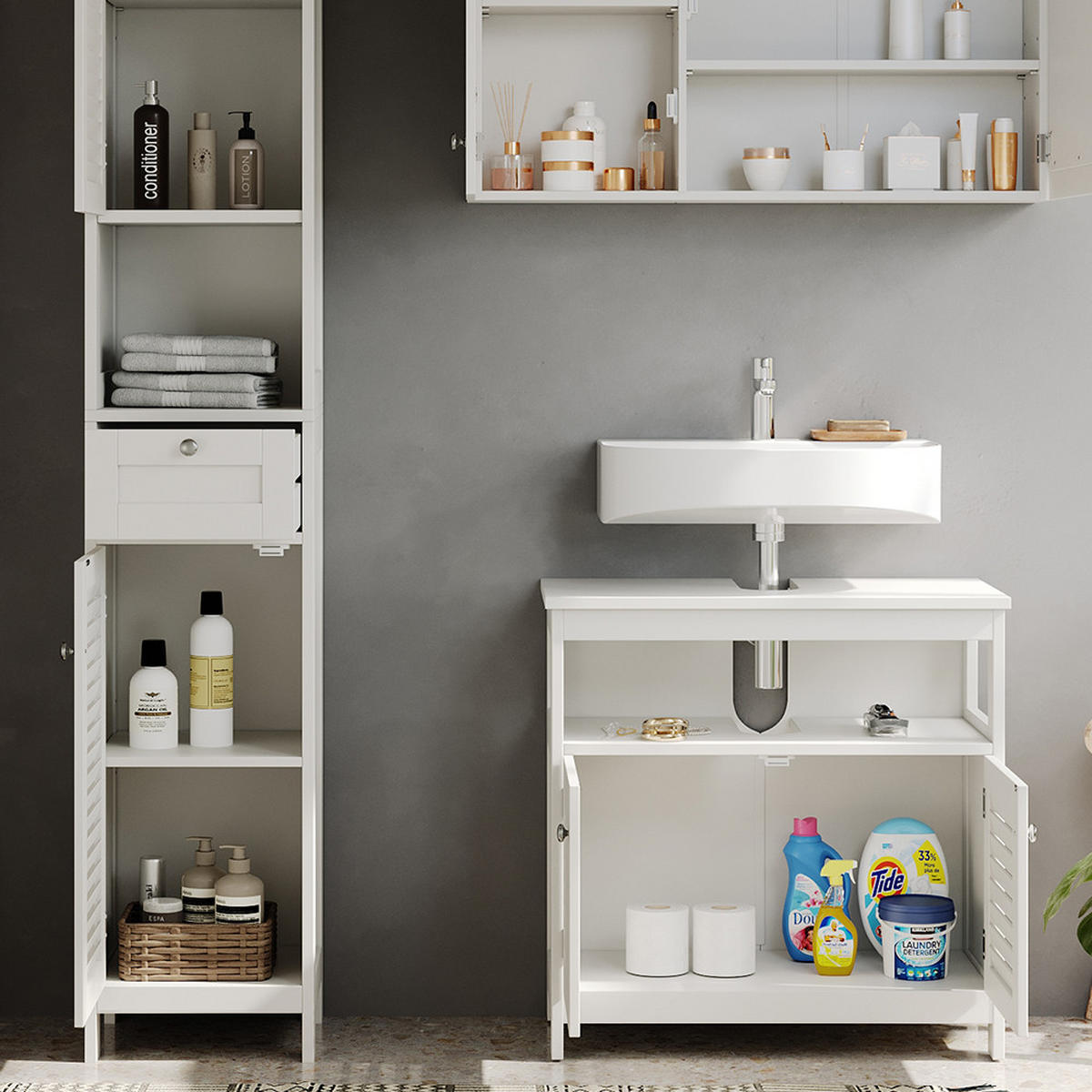 ZOSTAVA KÚPEĽŇOVÉHO NÁBYTKU Riad biely 3 diely, možnosť 2 - biela, kompozitné drevo (60/60/30cm) - Vicco