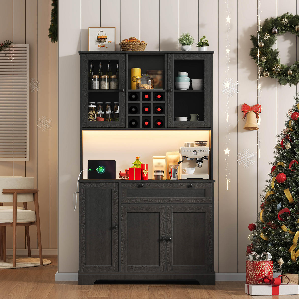 BUFFET DE-38659 180/105/40 cm LED-Beleuchtung und integrierte Steckdose Schwarz - Schwarz, Holzwerkstoff (105/180/40cm) - ComfortXL