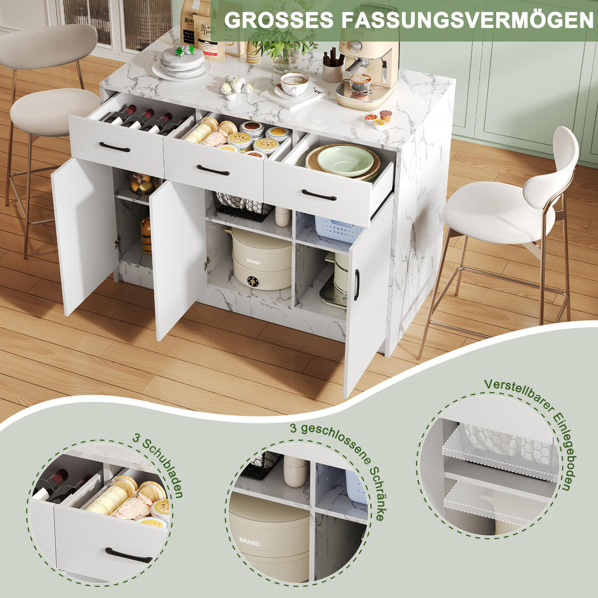 KÜCHENINSEL 120x60x90.5cm Weiß Marmoroptik mit Barbereich,3 Schubladen & Schränken - Weiß, Holzwerkstoff (120/90.5/60cm) - Modfu