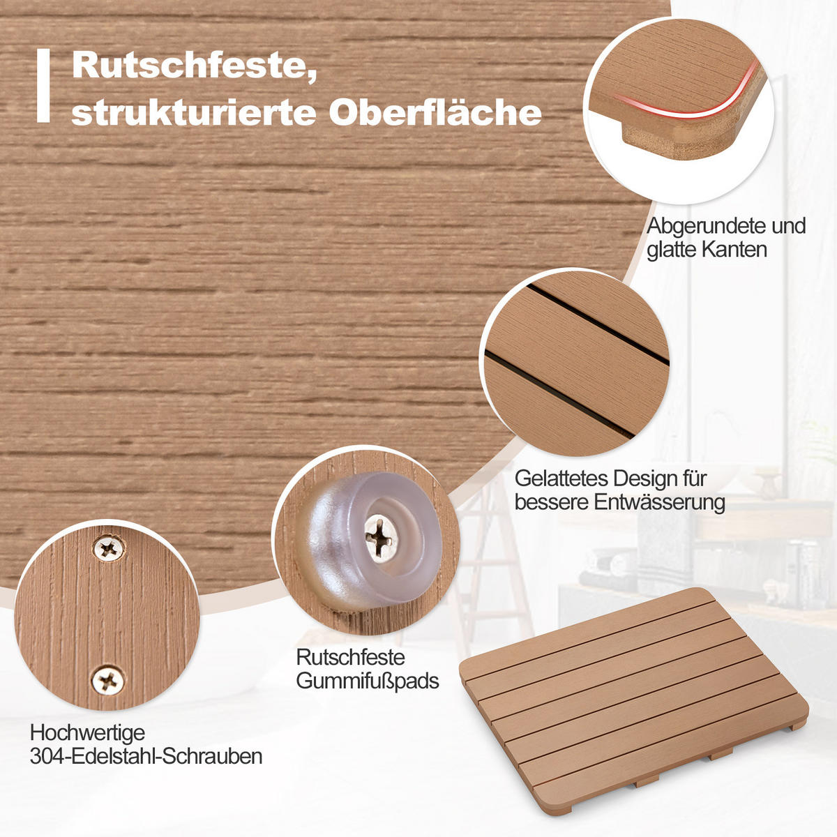 BADEMATTE Braun - Braun, Kunststoff (48/60cm) - COSTWAY