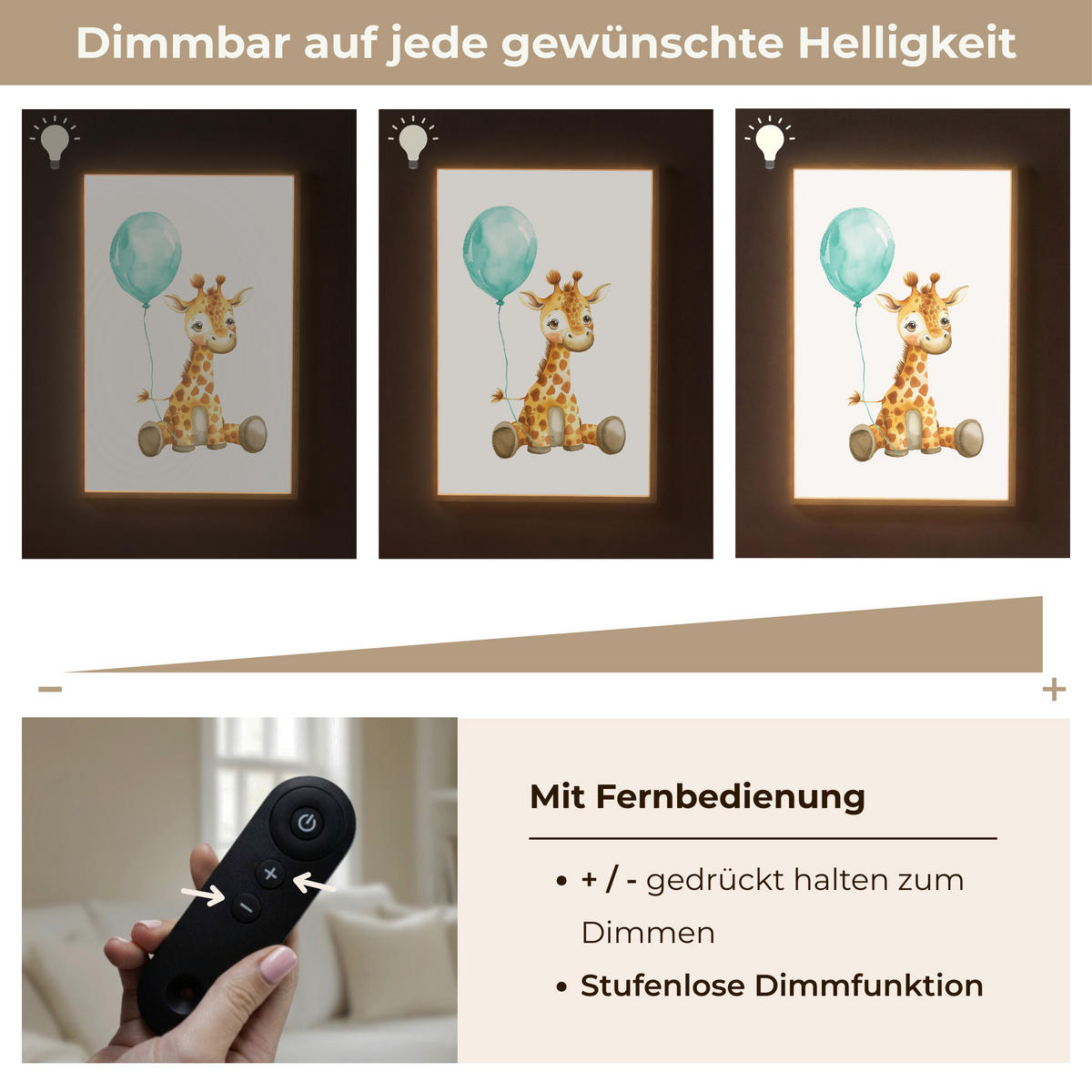WANDLEUCHTE MIT AKKU Giraffe - Baby - Tiere - Blauer Ballon 60x90 cm - Weiß, Holzwerkstoff (60/90/8cm) - OnlyWow
