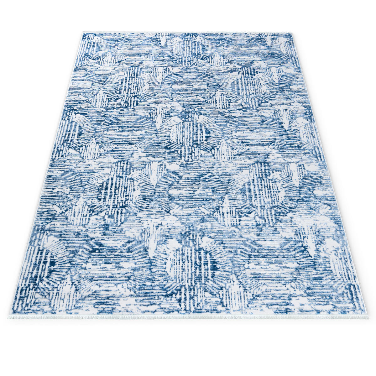 TEPPICH Blau Modern Geometrisch - Rechteckig mit Fransen, Abstrakt - 80 x 200 cm - Dunkelblau/Weiß, Textil (80/200cm) - Mazovia