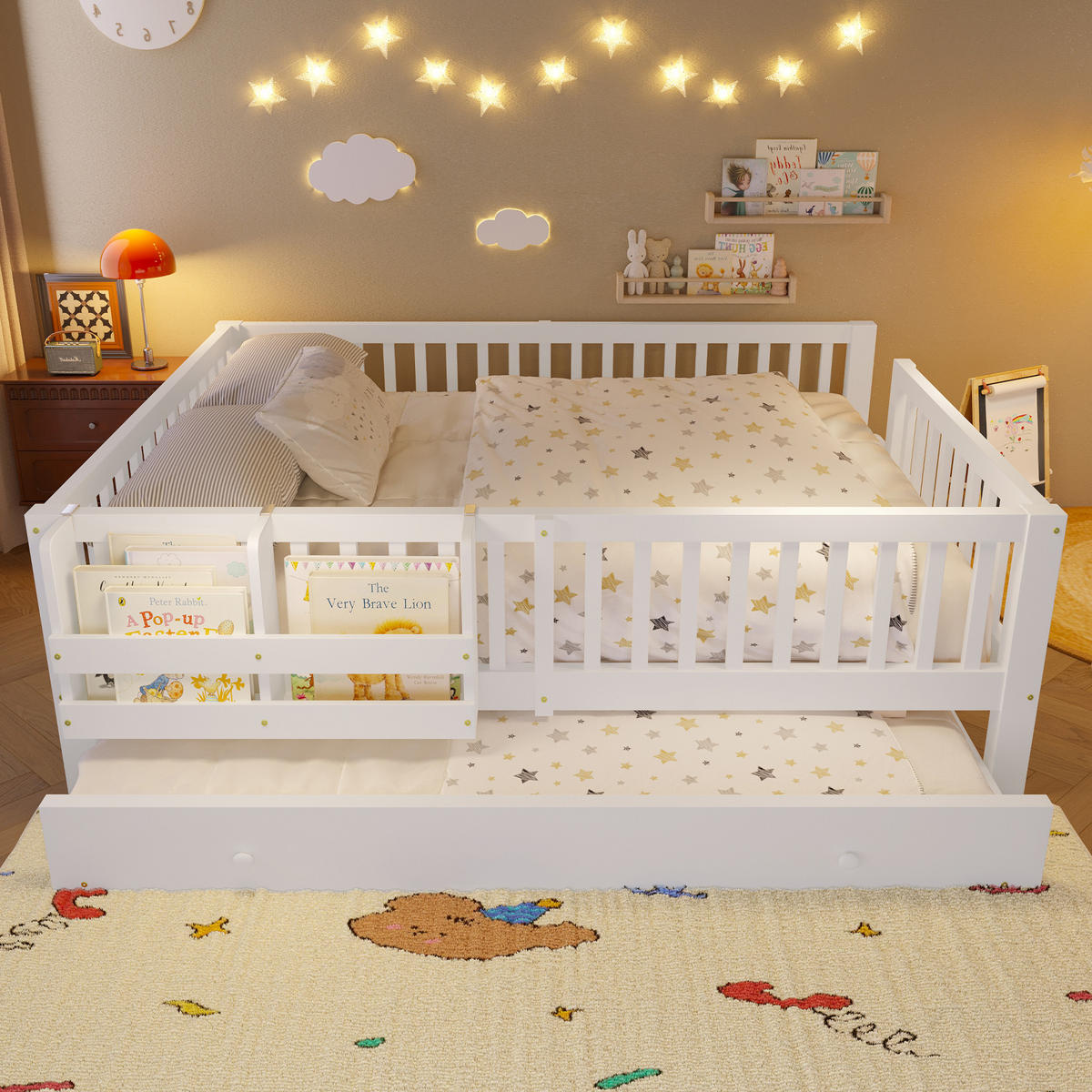 KINDERBETT 140/200 cm in Weiß mit Ausziehbett und Rausfallschutz - Weiß, Holz/Holzwerkstoff (140/200cm) - WISHDOR