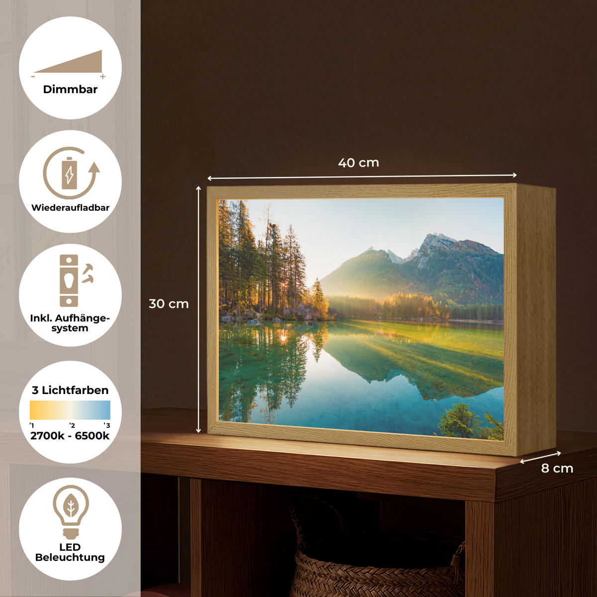 WANDLEUCHTE MIT AKKU See - Wald - Berge - Natur - Sonne - Landschaft 40x30 cm - Grün, Holzwerkstoff (40/30/8cm) - OnlyWow