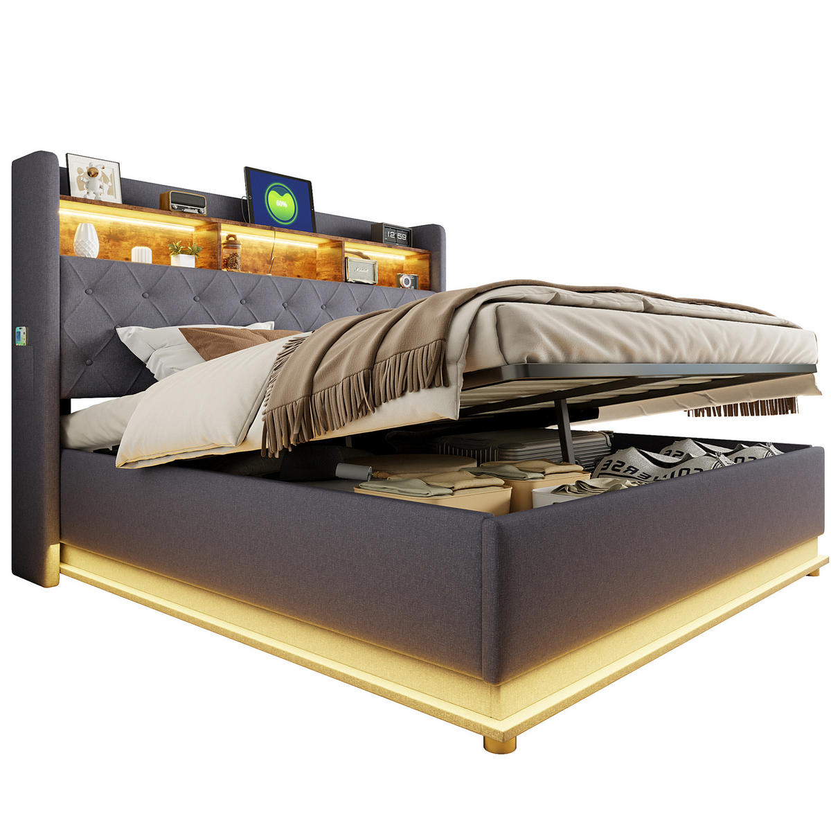 POLSTERBETT 180/200 cm Grau mit LED-Beleuchtung und USB-Anschluss aus Leinen - Grau, Textil (180/200cm) - OKWISH