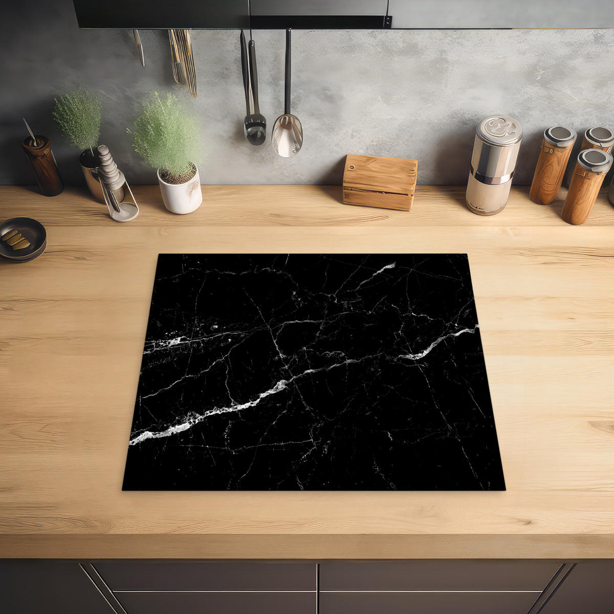 HERABDECKPLATTE - Marmoroptik - Schwarz - Luxus - 60x50 - Grau, Kunststoff (60/50/0.2cm) - MuchoWow
