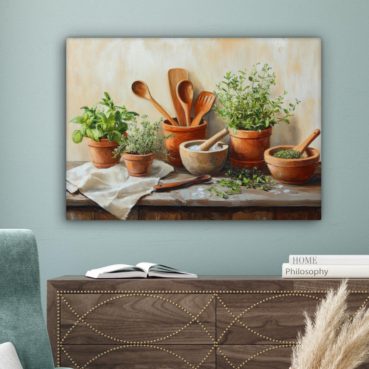 LEINWANDBILD Töpfe - Kräuter - Holz Wandbilder 80x60 cm - Terracotta, Textil (80/60cm) - MuchoWow